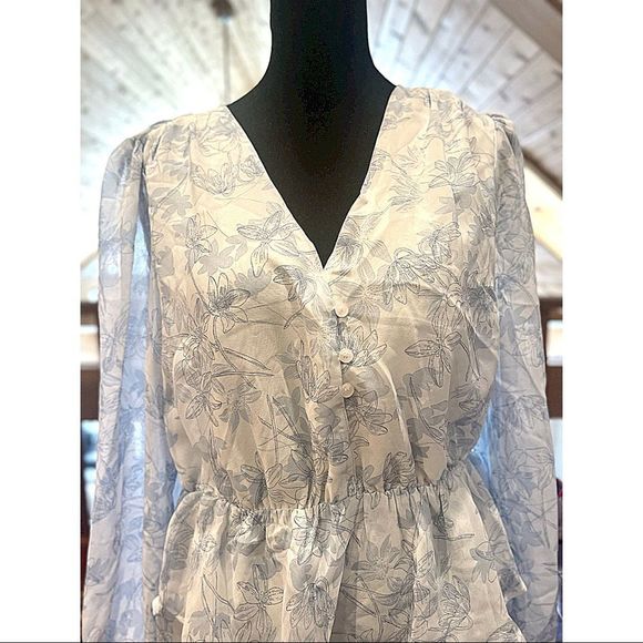 Simplee White & Blue Floral Ruffle Bishop Sleeve Romantic Spring Dress - Picture 7 of 13